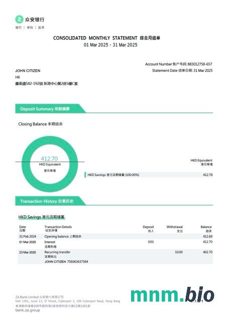 China Worldfirst konto statement Word i szablon PDF, 2 strony